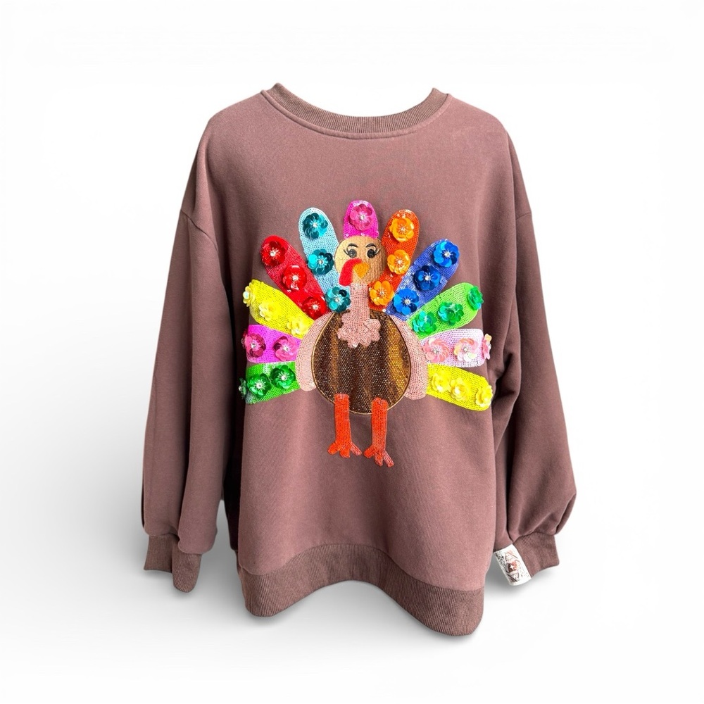 QUEEN OF SPARKLES Colorful Sequin Turkey Sweatshirt - Picture 3 of 15